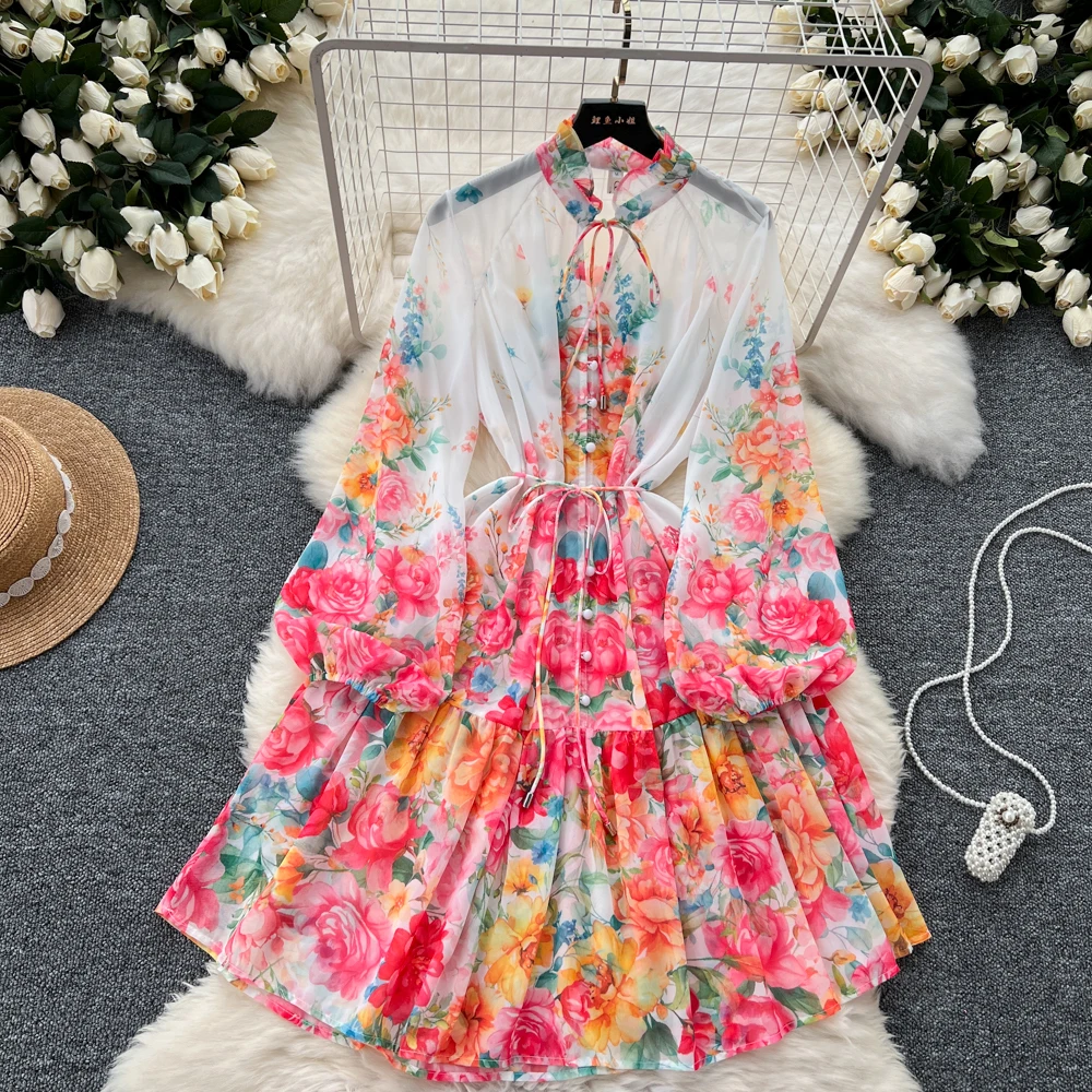 Dresses Summer Autumn Holiday Ral Long Sleeve Chiffon Short Dress Women Vintage Fashion Party Vestidos 2025