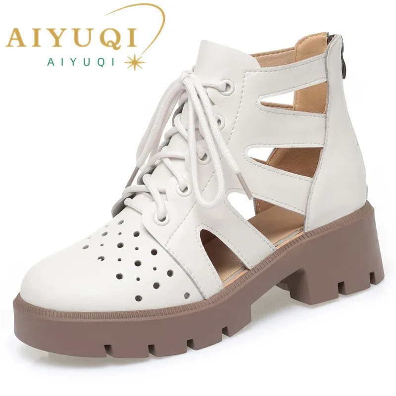 AIYUQI Women's Summer Boots Casual Mesh Ankle Boots Ladies British Style Genuine Leather Women's Cool Boots