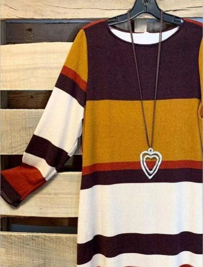 2020 Spri and Autumn loose fitti versatile red striped round neck temperament commuti slimmi lo sleeved purple rice 2024 new style chic elegant