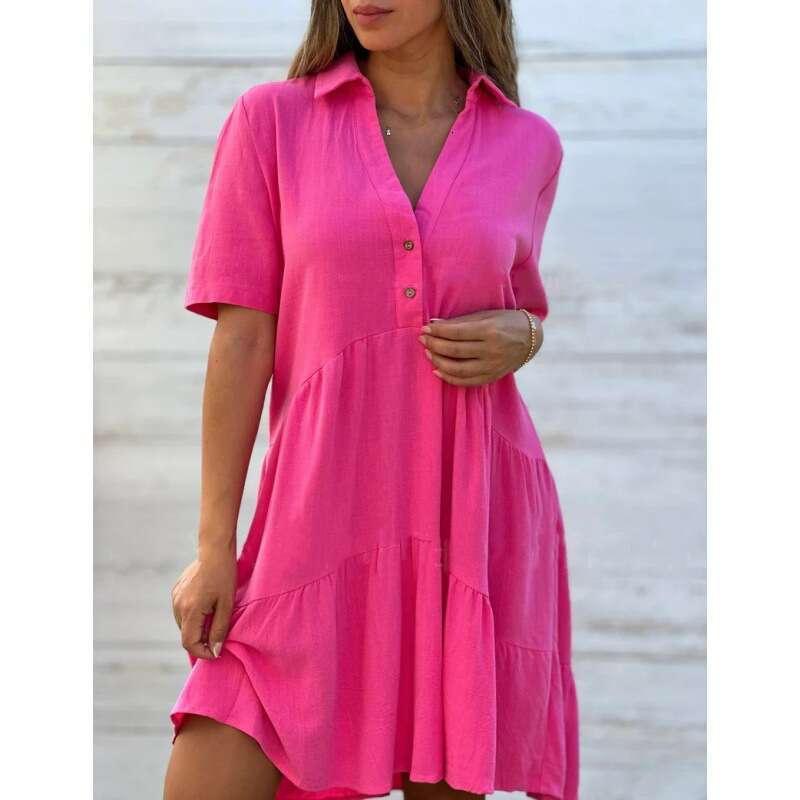 European American women's loose solid color lapel casual short sleeved en dress 2024 new style chic and elegant clothing