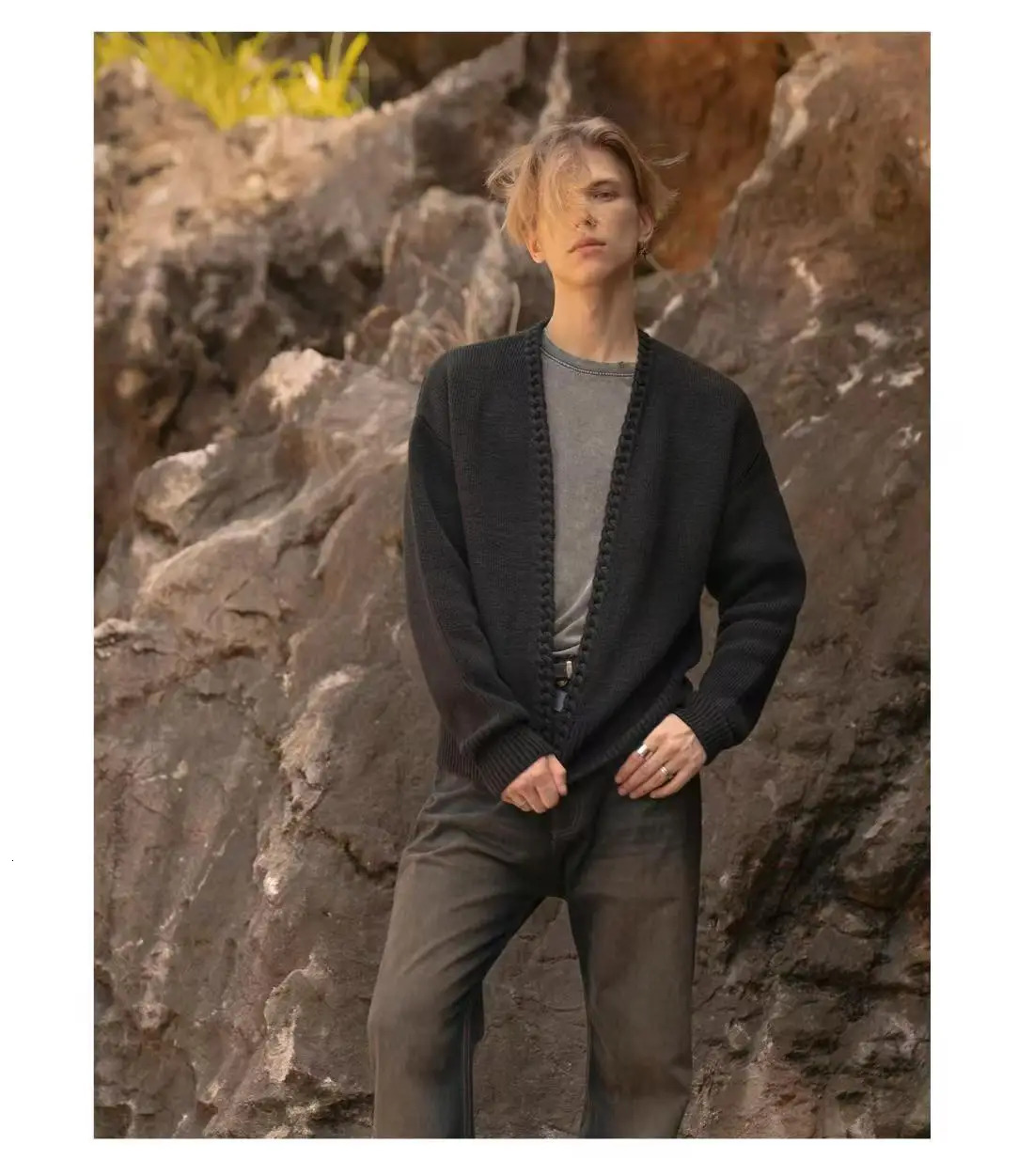 Vintage overweight mens cardigan with jacquard weaving handmade knitting top autumn wool knitting jacket 241205