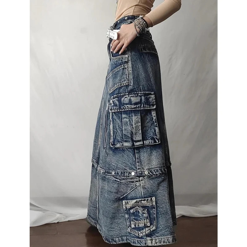 Autumn womens blue denim pocket half body skiing high waist casual Korean medium long bag retro straight denim long leather 241205