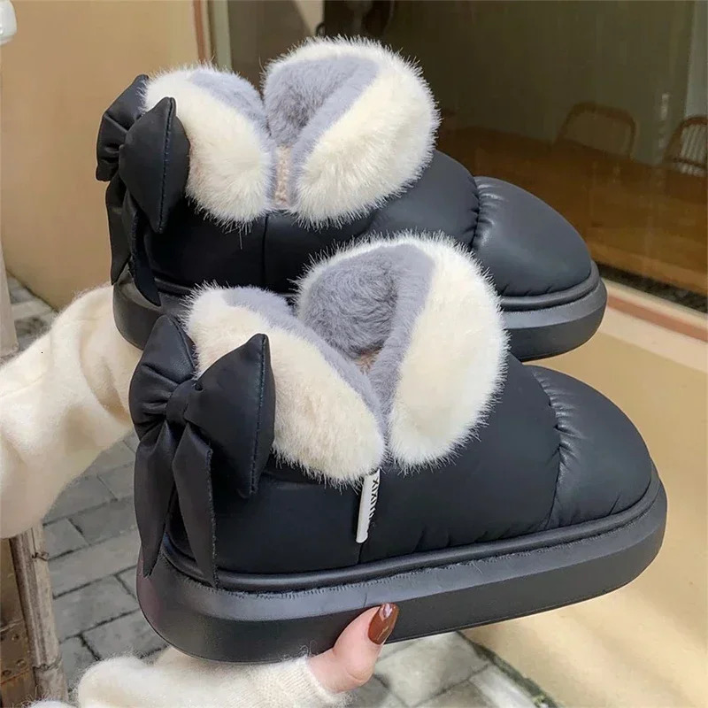 Womens snow boots winter warm thick ankle outdoor anti slip fur bow cotton shoes comfortable waterproof plush 241206