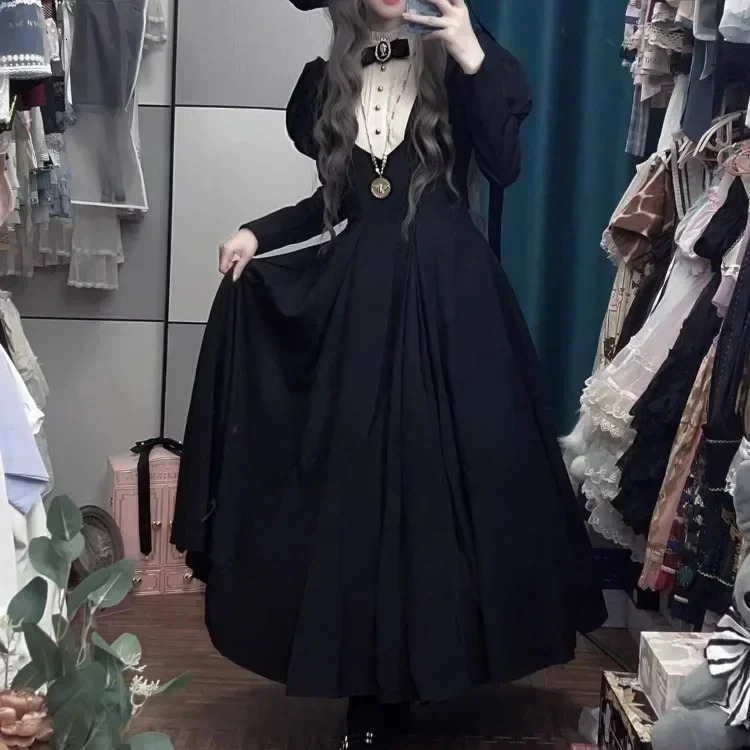 Gothic Punk Dark Style Lolita Womens Wear Harajuku Retro Black Long Bubble Sleeve Waist Folded Dress Autumn/Winter 241205