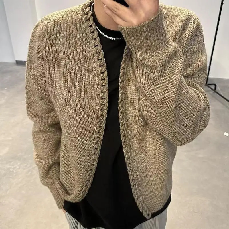 Vintage overweight mens cardigan with jacquard weaving handmade knitting top autumn wool knitting jacket 241205