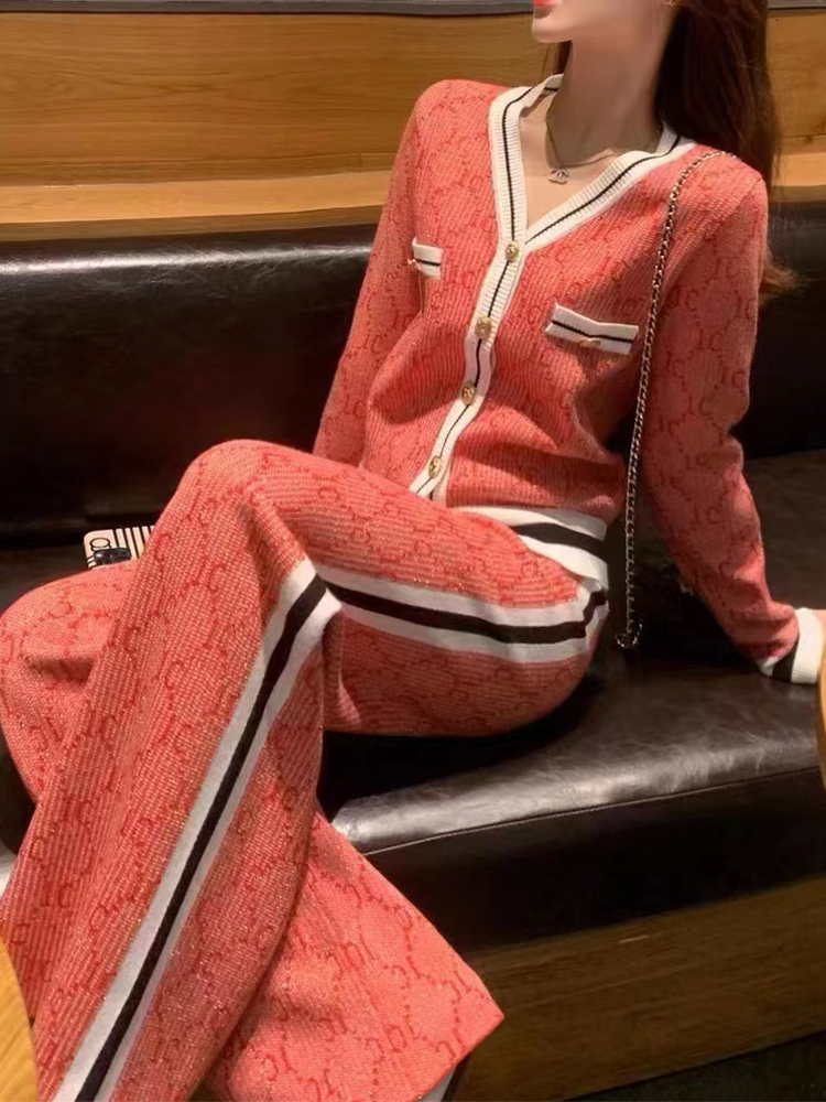 Casual V-Neck Single Breasted Knitted Cardigan+Wide Leg Pants Two-Piece Set Autumn New Fashionable Women's Clothing
