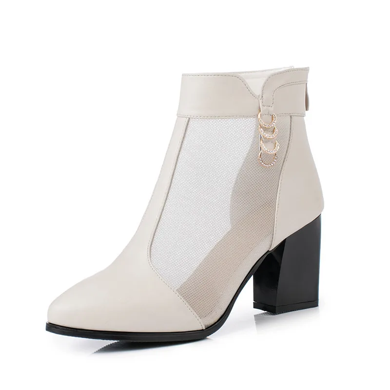 AIYUQI Women Summer Boots Women Mesh Boots Genuine Leather with Heels Rhinestone Fashion Hollow Mesh Wedding Shoes