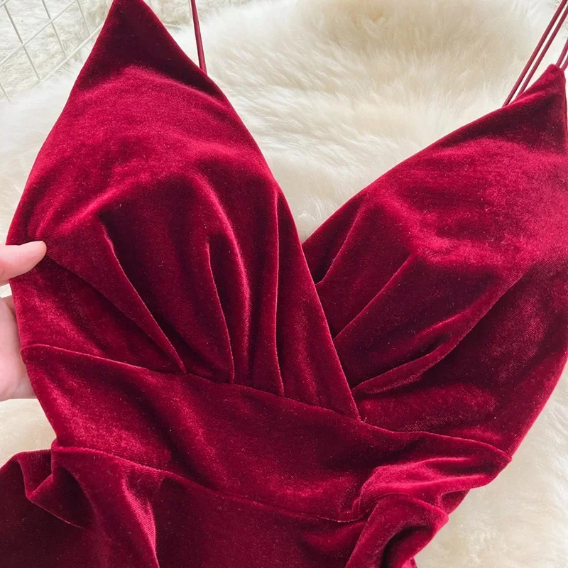 Womens Mini Party Dress French Retro Black Red Pendant Velvet Dress Waist Womens Sexy Short Skirt A63 241206