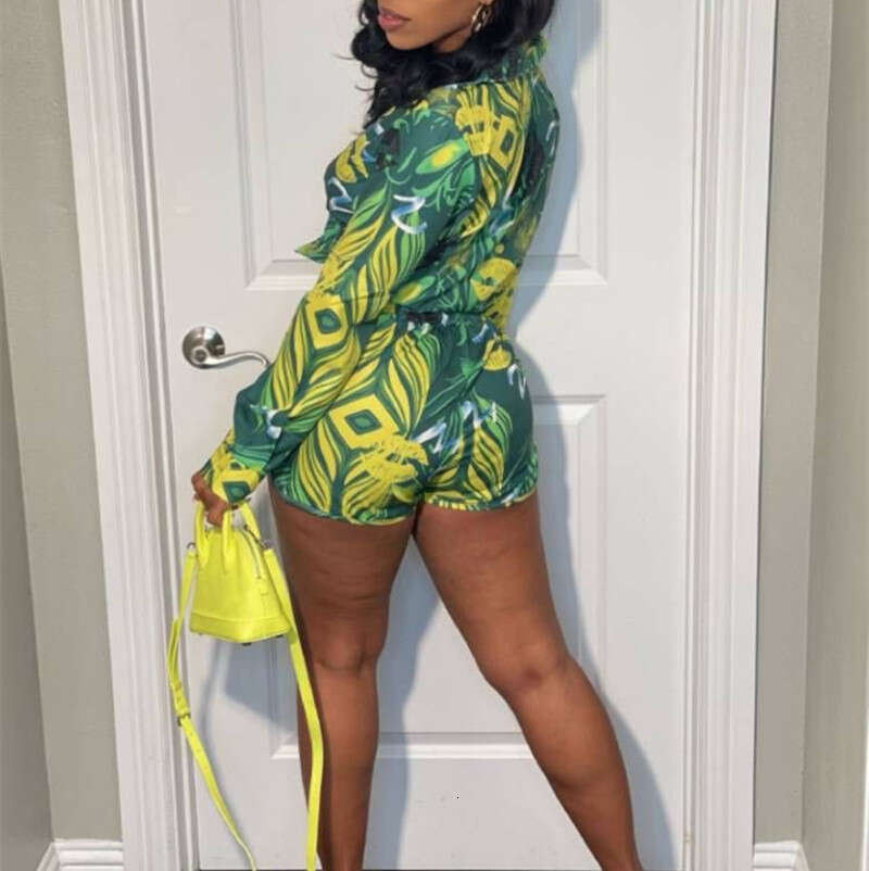 summer European and American printed long sleeved shirt shorts casual set 2024 temperament versatile new trendy clothing ins