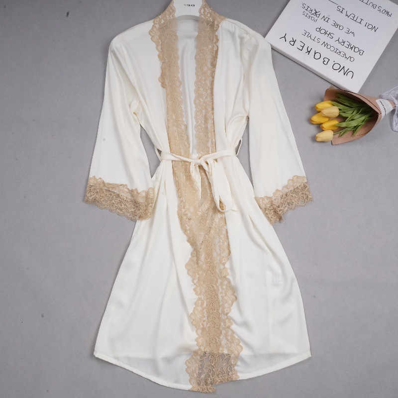 2025 fashion Designer s new sexy lace solid color bathrobe women s summer thin version single ice silk
