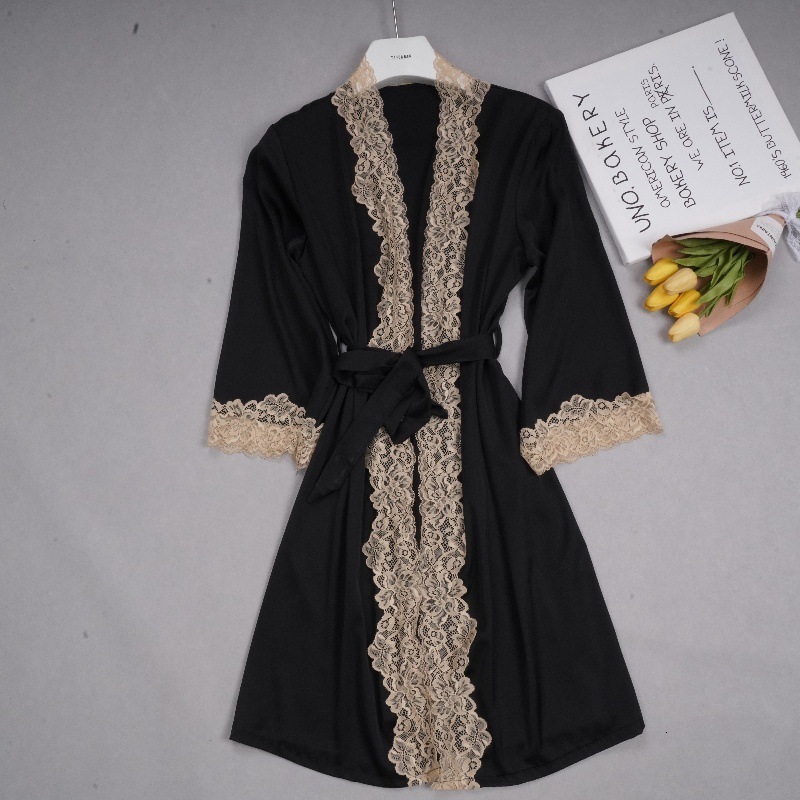 2025 fashion Designer s new sexy lace solid color bathrobe women s summer thin version single ice silk