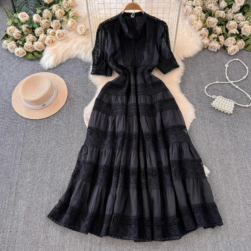 Basic Casual Dresses French Elegant Lace Embroidery Prom Midi Dress Womens V Neck Puff Sleeve High Waist Hollow Out Long Summer Sundress Clothing