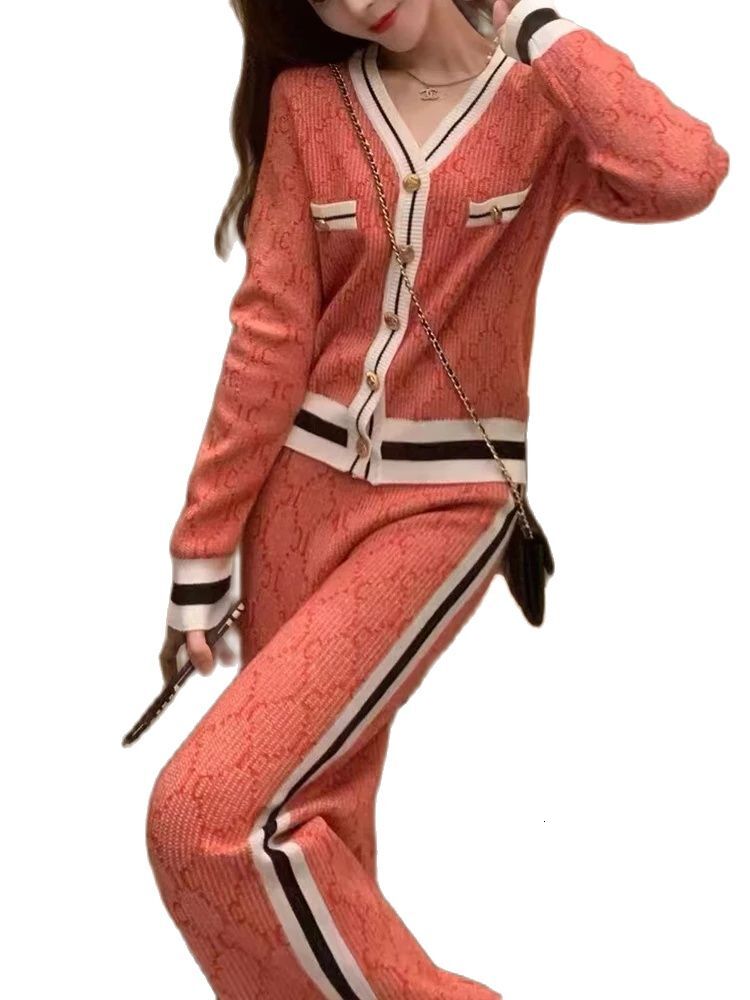 Casual V-Neck Single Breasted Knitted Cardigan+Wide Leg Pants Two-Piece Set Autumn New Fashionable Women's Clothing