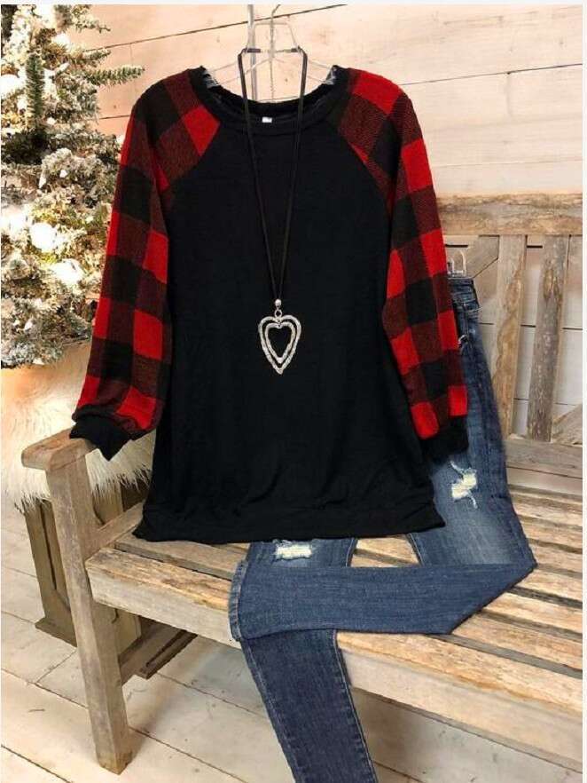 Spring and Autumn 2020 round neck loose fitting base shirt plaid top t-shirt for women 2024 new casual fashion trend clothing