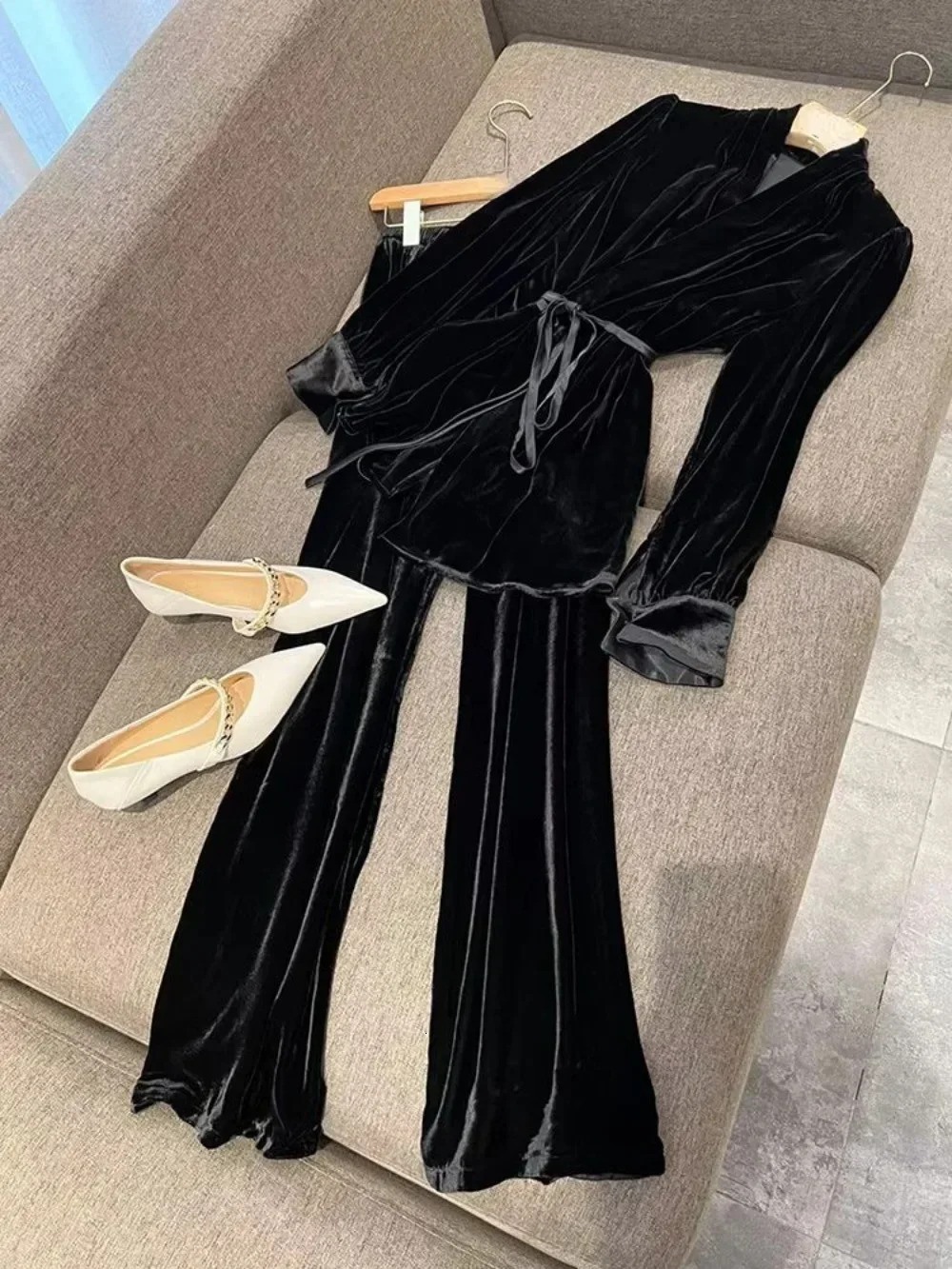 Elegant V Neck Lace Up Hong Kong Style Tops Veet Advanced Office Small Fragrance Wid Leg Pants Exquisite Suits Trousers