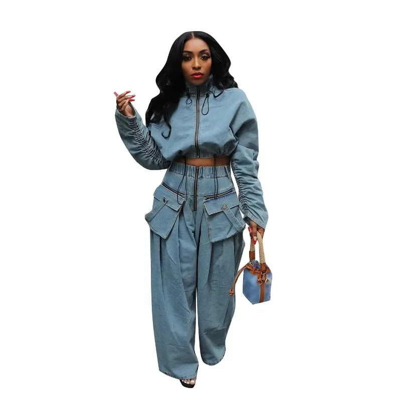 Casual Loose Denim Two Piece Set For Women Streetwear 2023 Autumn Zipper High Collar Crop Top Elastic Waist Wide Leg Cargo Pants