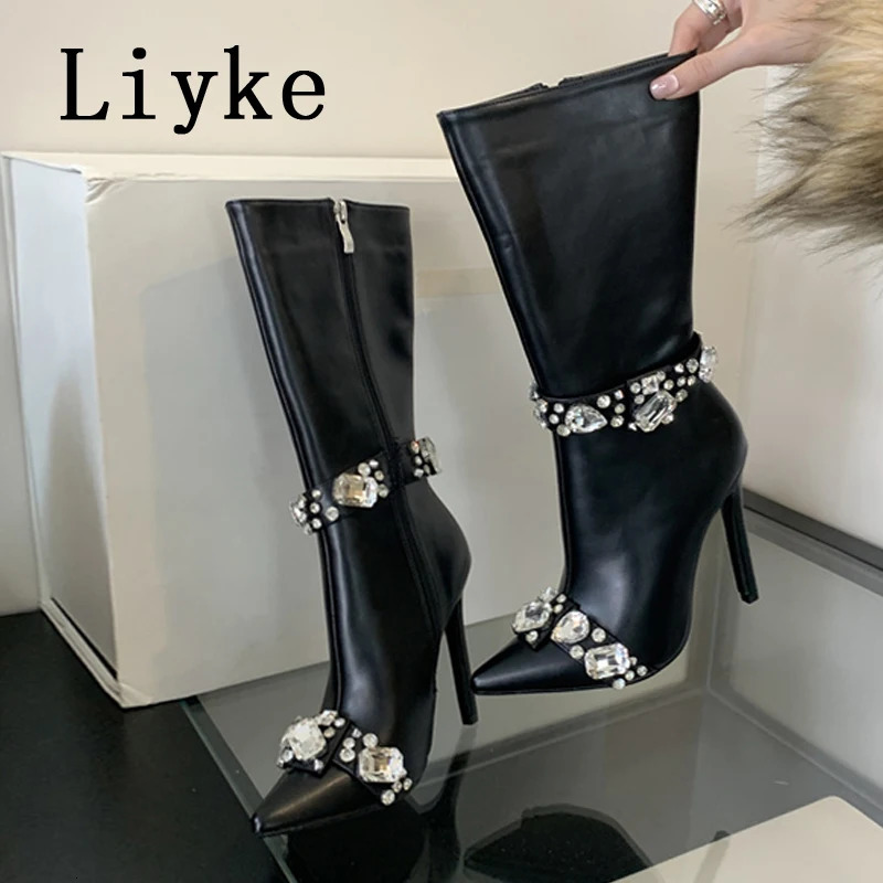 Liyke Fashion Crystal Gem Rivet Womens Autumn Winter Shoes Zipper Ankle Chelsea Boots Sexy Pointed Toe Party Stripping Shoes Boots 241206