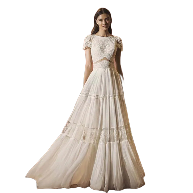 Sexy Backless A Line Bohemian Wedding Dress Lace Appliques Chiffon Ivory Beach Bridal Gowns Crew Neck Short Sleeves Illusion Empire Waist Boho Bride D