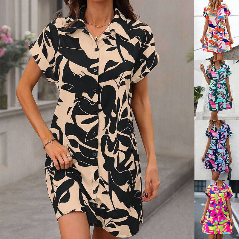European American 2025 summer printed short sleeved dress with lapel and button down shirt skirt 2024 new casual fashion trend clothing