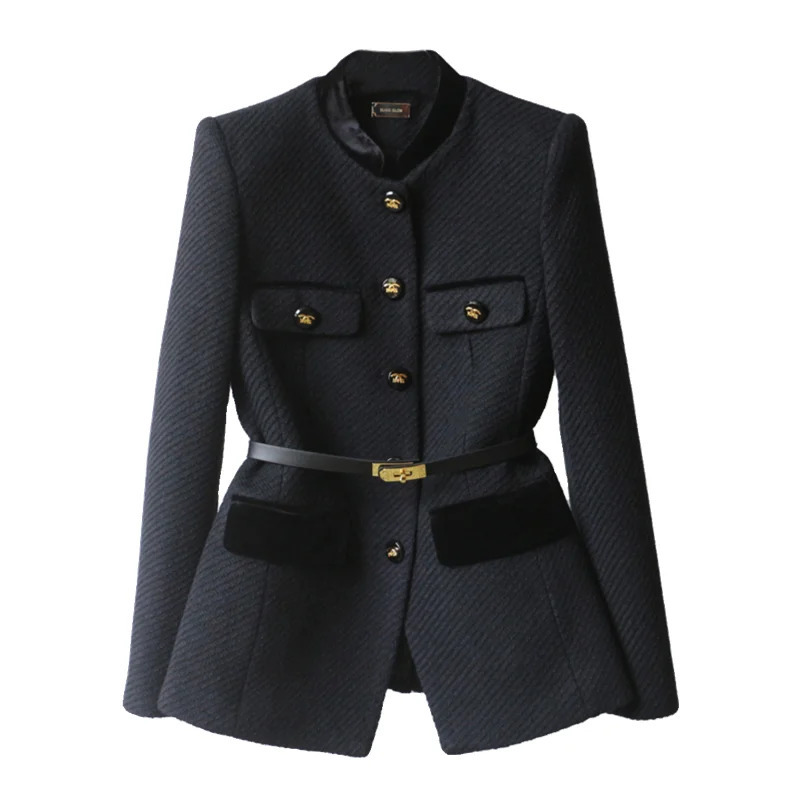 2024Autumn Winter Woolen Coat MidLong The Waist Fashion Women Button Pure Colour Black Temperament Outerwear Female 241202