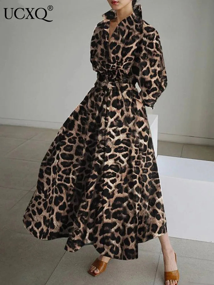 UCXQ Fashion Leopard Print Dress European Style Cotton Lamian Noodles Loose Full Elegant Dress Women Spring Summer 8682 241206