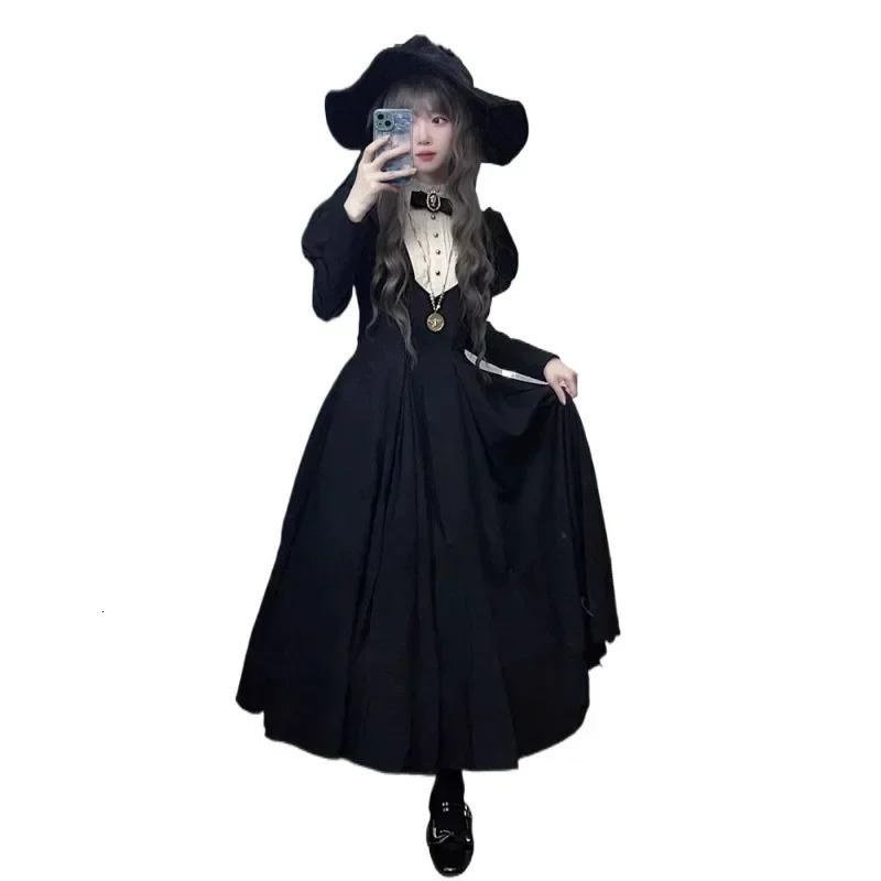 Gothic Punk Dark Style Lolita Womens Wear Harajuku Retro Black Long Bubble Sleeve Waist Folded Dress Autumn/Winter 241205
