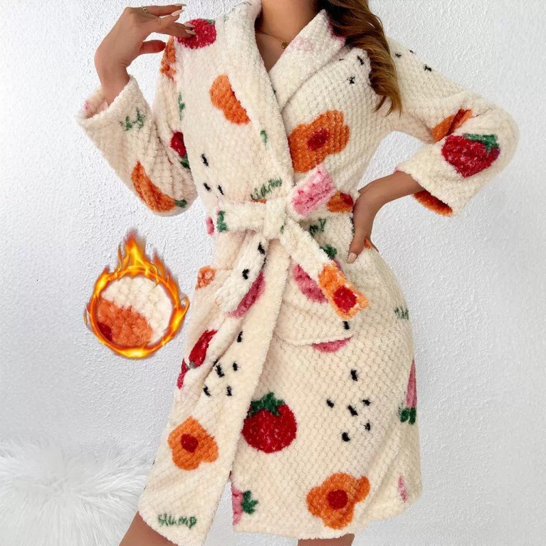 2025 Designer s new autumn and winter velvet fashion fruit pajamas for women thick flannel pajamas and extended bathrobes