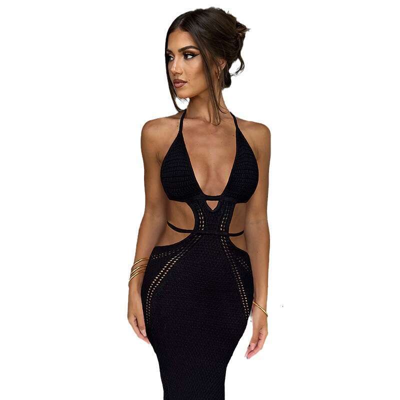 European and American Ins hot selg sexy street style pure desire hanging neck, wrapped chest hollow splicing lace up dress for women 2024 new casual f