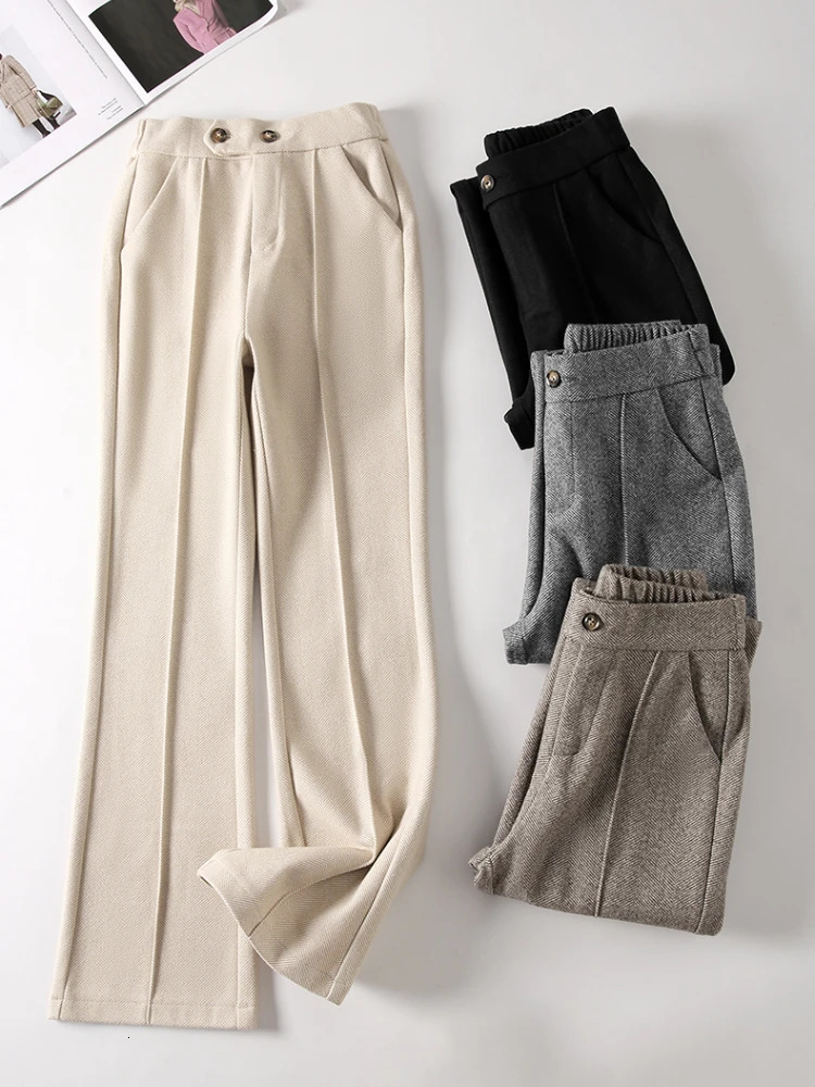 Herringbone Woolen Women's Autumn And Winter New Elastic Waist Flare Pants Fashion Warm Comfort Black Trousers Women