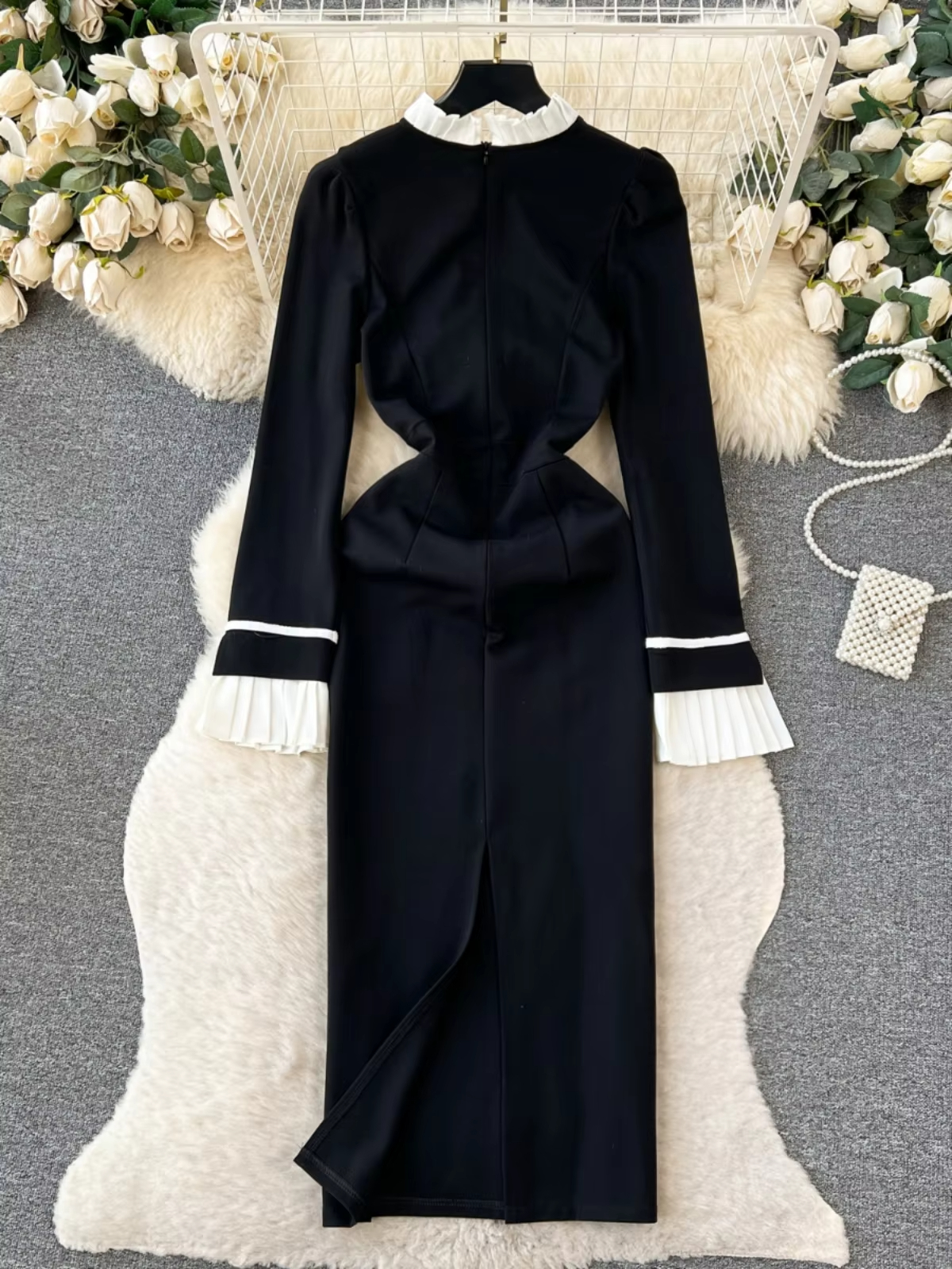 Casual Dresses French Hepburn Style Autumn Winter Dress Women's Black White Ruffles Long Sleeve Midi Vestidos Office Lady 2025