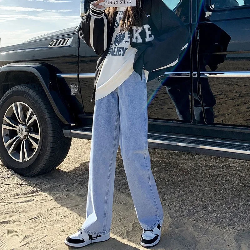 Korean Style Highwaisted Slimming Wideleg Jeans For Women Autumn Versatile Loosefit Straightleg Floor Pants 241203