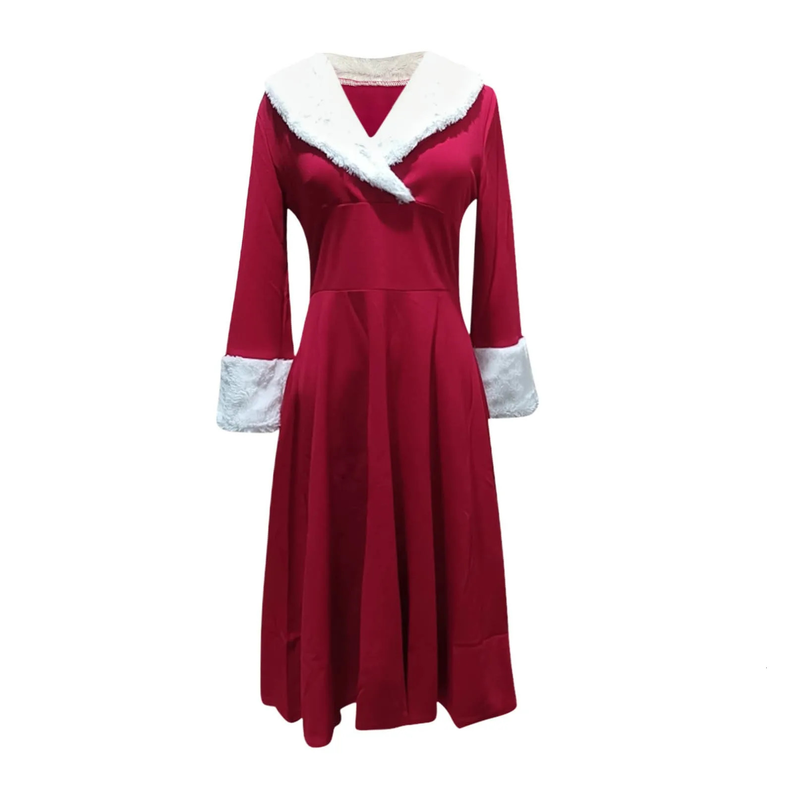 Years Christmas Dress Womens Christmas Sexy Dress Long Sleeve V-neck Plush Warm Party Wrinkle Elegant Tune Swinging Dress 241206