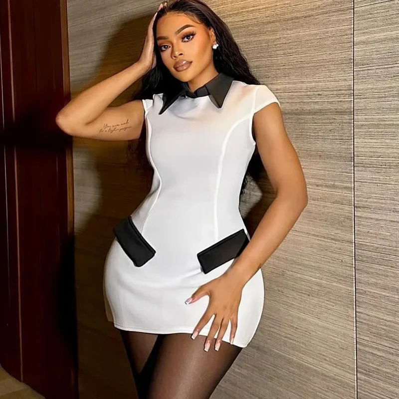 Elegant and fashionable Aline mini dress Peter Pan collar hat pocket patch work bra high waist party club short skirt 241206