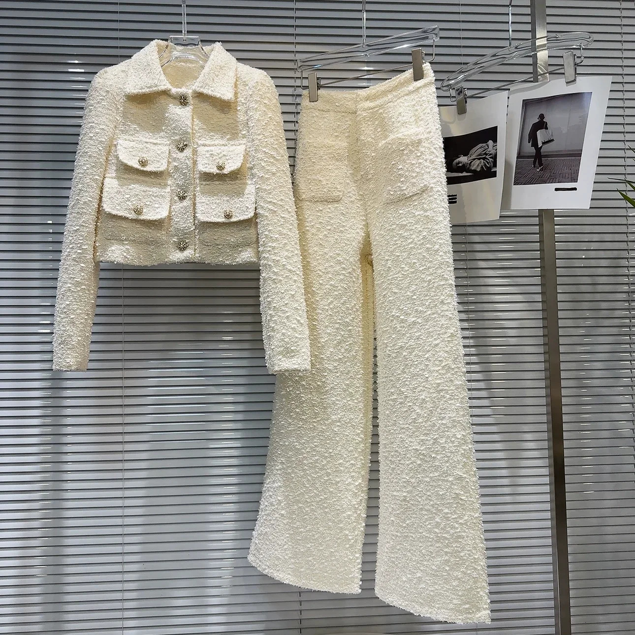 Elegant Straight Trousers Sets Office Ladies 2024 Autumn Tweed Pocket Short Jacket Pants Two Piece Outifits 241202
