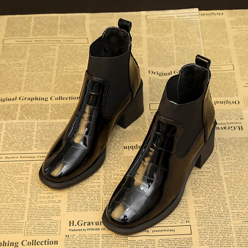 Chelsea Womens Boots Autumn/Winter UK Lace Leather Mid Heel Boots Round Toes High Heels Shiny Leather Womens Boots 241206