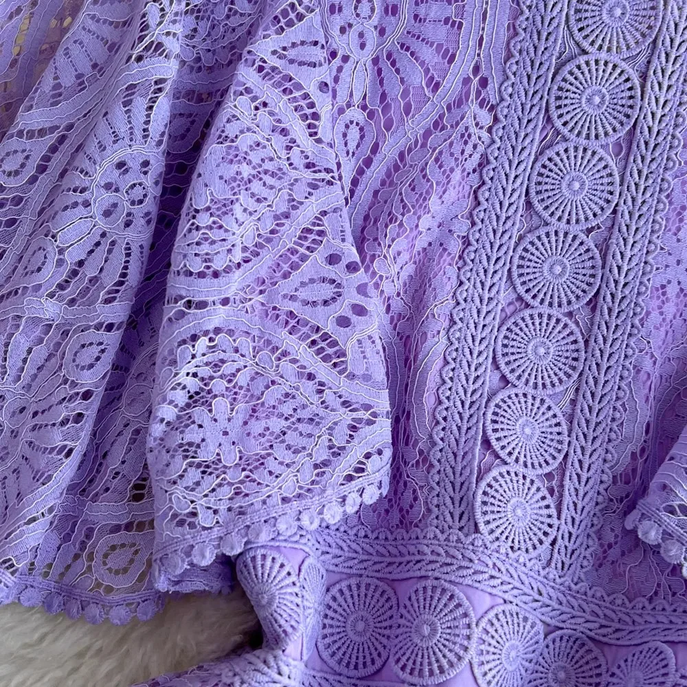 Casual Dresses Elegant Summer Lace Dress Women Crochet Flower Hollow Out French Purple Short Sleeve Party Midi Prom Evening Dresses