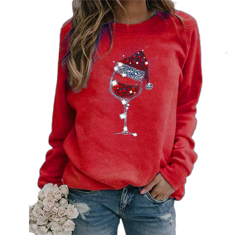 Autumn/Winter European and American Christmas Wine Cup Printed Long Sleeve Round Neck T-shirt Women's Wear 2024 New Casual Versatile Fashion Clot