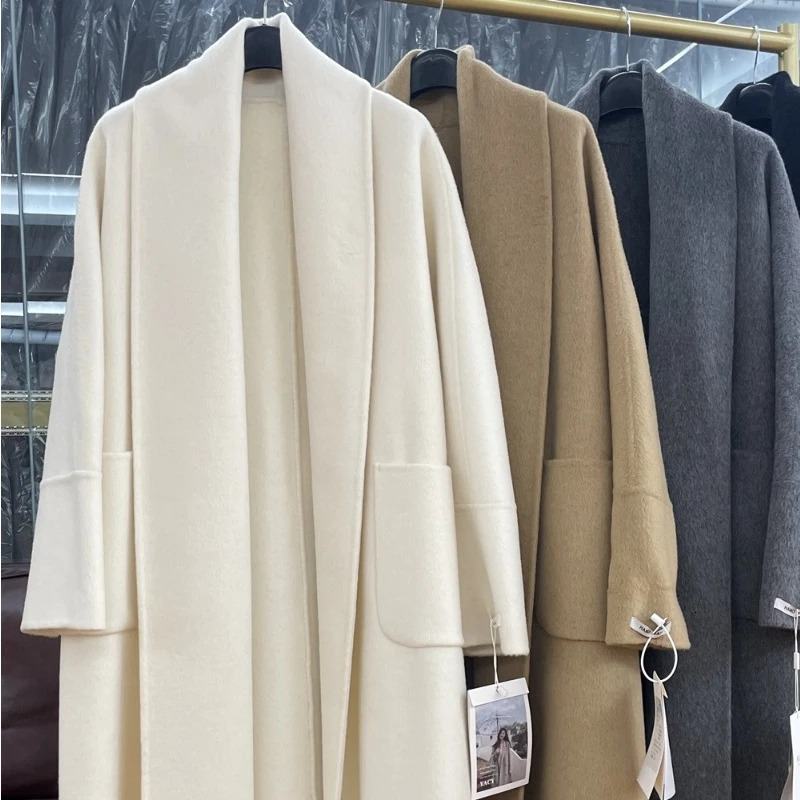 RosEvans DoubleSided Cashmere Coat Women Super Long Thick Wool Fashion Laceup Winter 241202