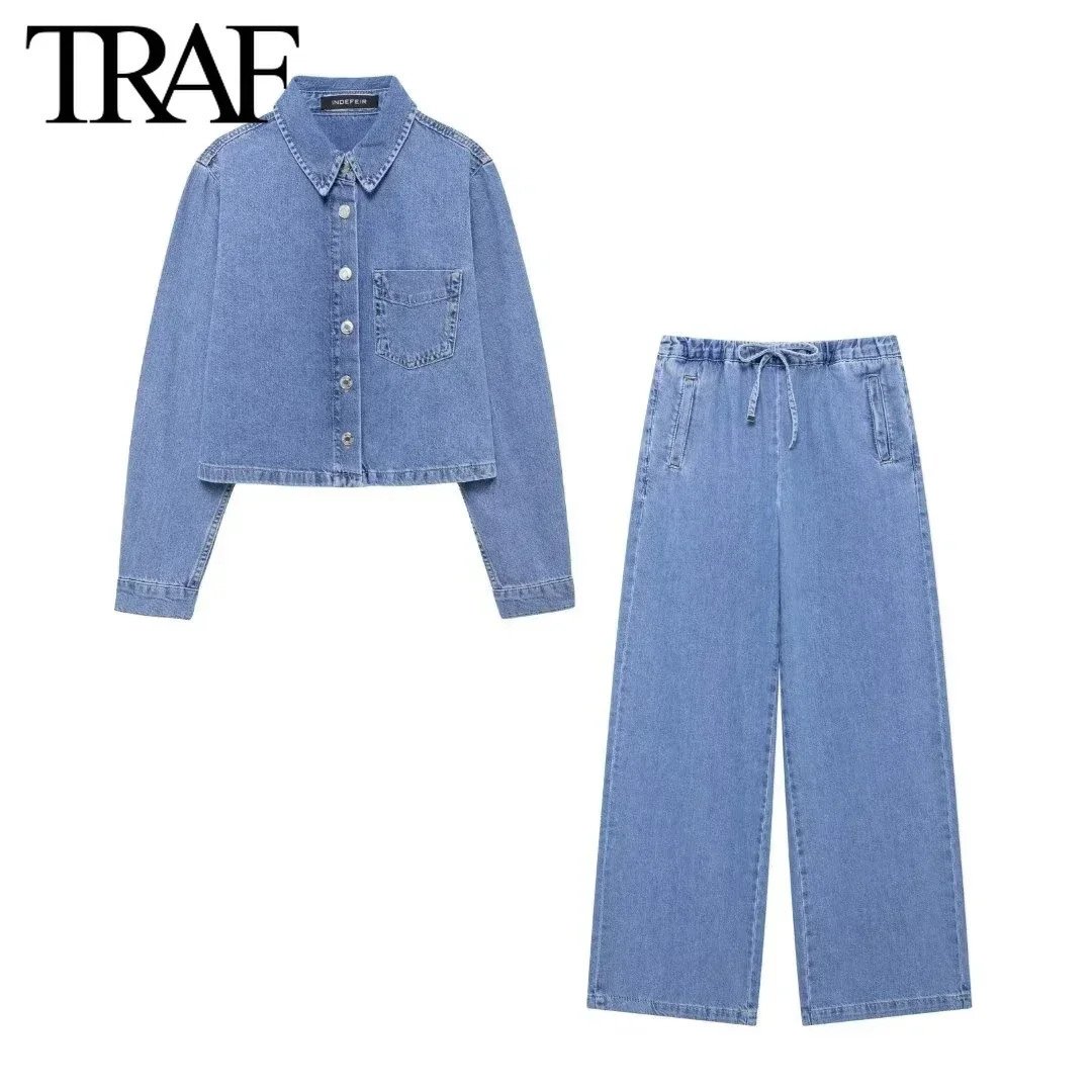 TRAF Women Fashion Denim Single Breasted Longsleeved Lapels Shirt Ladies High Waist Jogging Style Pants Jeans Twopiece Set 241202