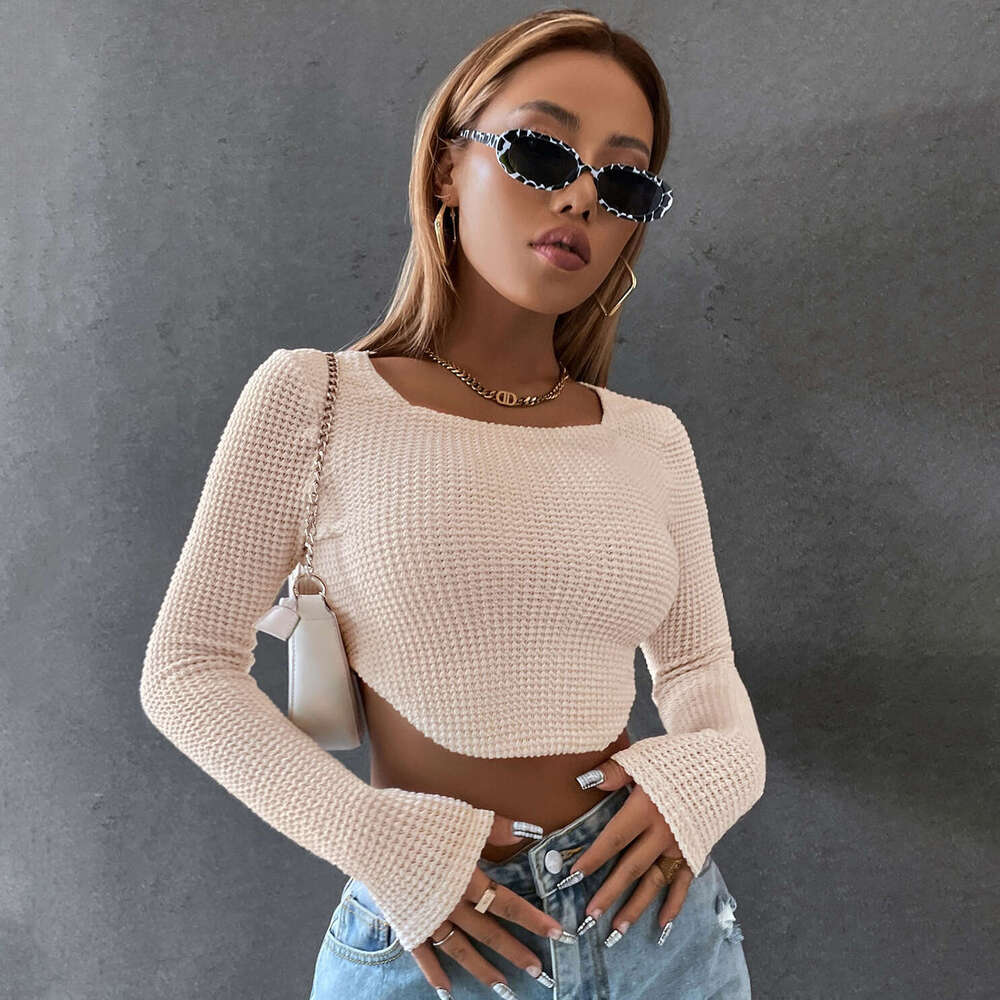 Spring/Summer European and American Women's Tight Sexy Zipper Knitted Shirt Short Wide Collar Long Sleeve T-shirt 2024 Versatile New Trendy Cloth