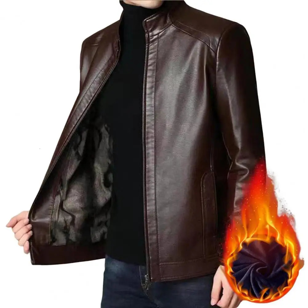 Plus Size Men Jacket Standing Collar Zipper Clre Autumn Winter Casual Faux Leather Gift for Dad Boyfriend 241202