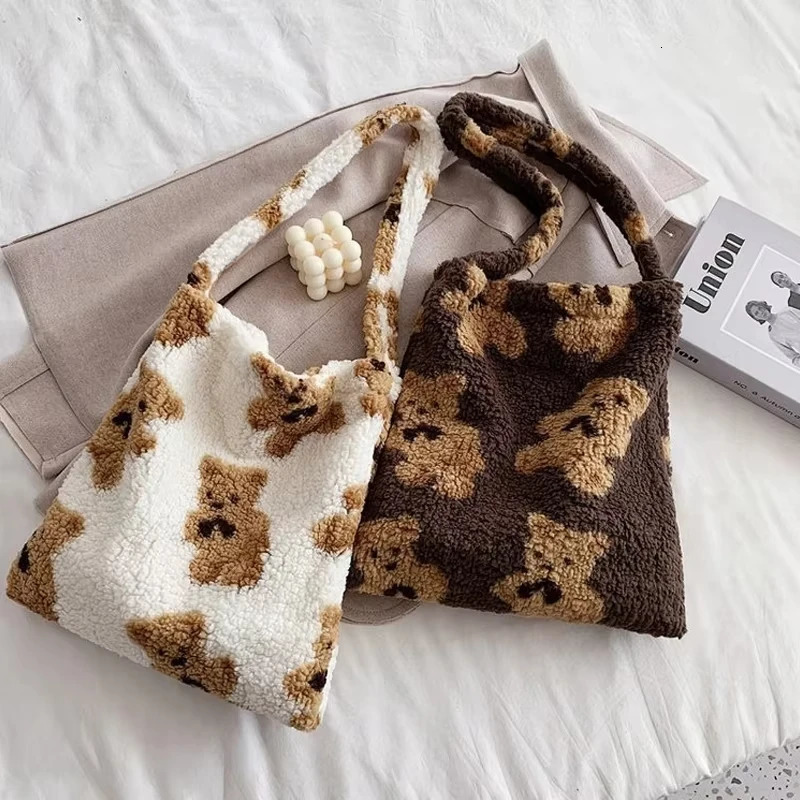 Womens sheepskin fabric shoulder bag canvas fluffy fur bear handbag large capacity soft shopping womens cute backpack 241206