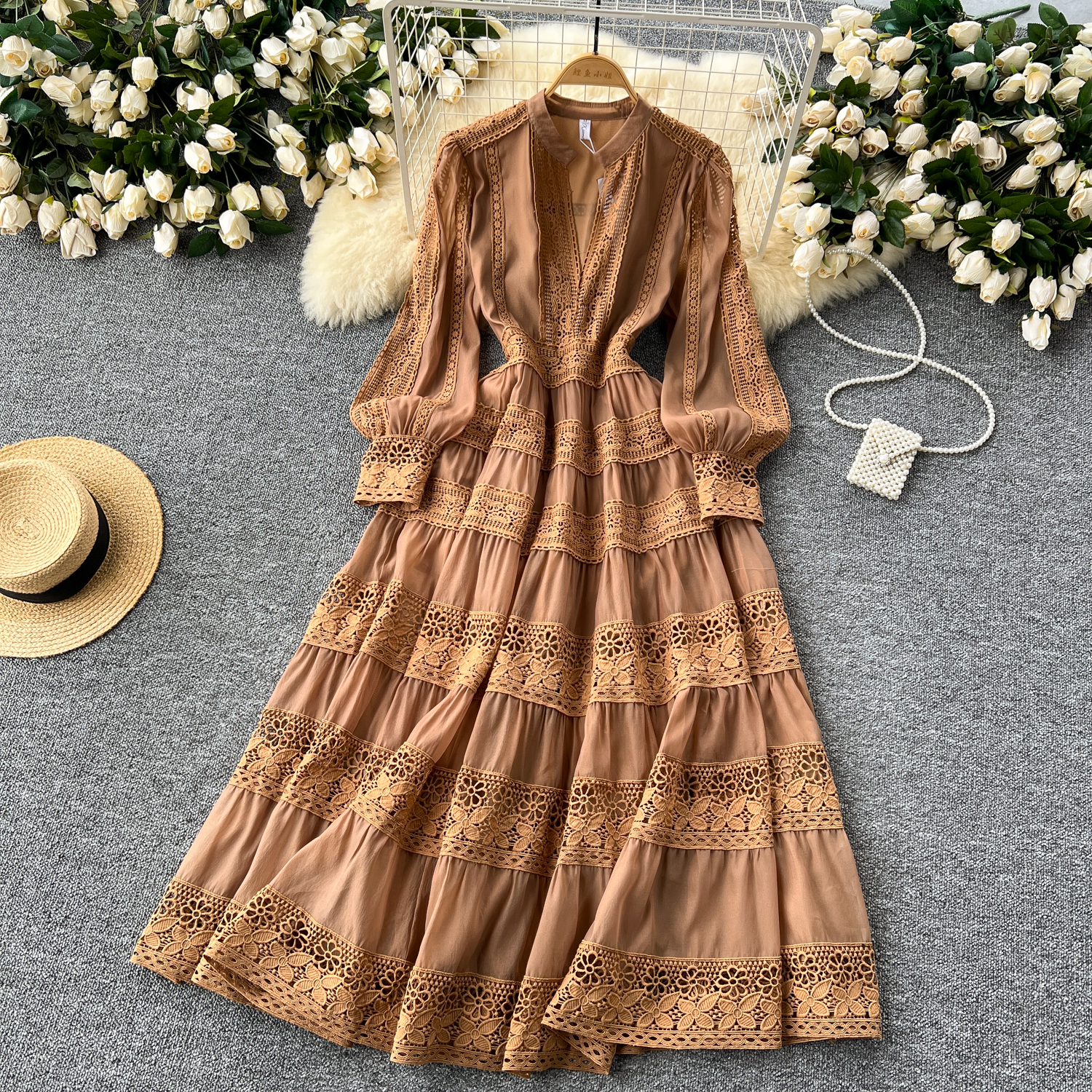 Casual Dresses Women Spring Holiday Hollow Out Embroidery Lace Splice Long Dress Women's V Neck Lantern Sleeve Zipper Evening Party Robe Vestidos