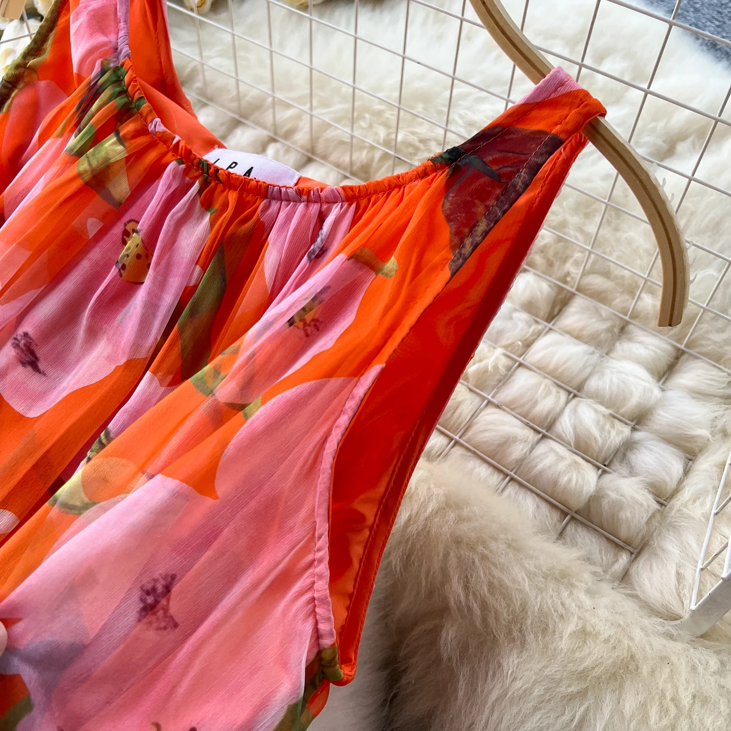 Basic Casual Dresses French Vintage Print Dress Women O-Neck Spaghetti Strap Mesh Splice Irregular Ruffles Beach Fashion Ball Gown Dresses