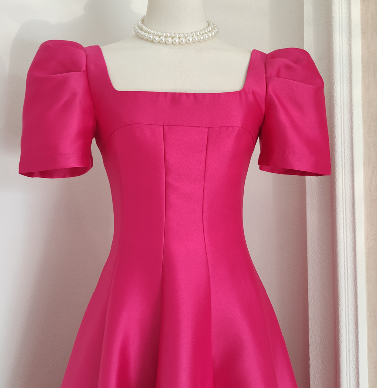 Casual Dresses Elegant Thick Satin Special Occasion Evening Prom Dress Womens Square Collar Puff Short Sleeve Solid Wedding Party Midi Ves