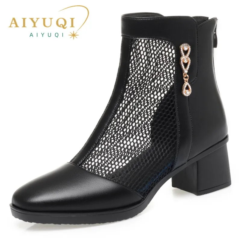 AIYUQI Women Summer Boots Spring Casual Women Mesh Boots Genuine Leather British Style Mesh Boots Women