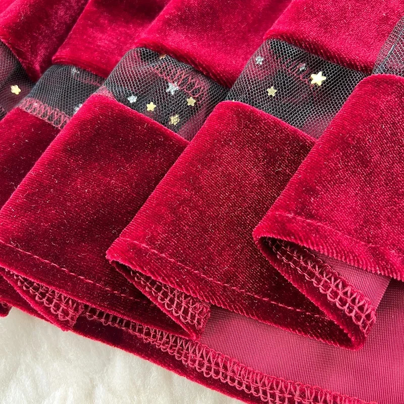 Womens Mini Party Dress French Retro Black Red Pendant Velvet Dress Waist Womens Sexy Short Skirt A63 241206