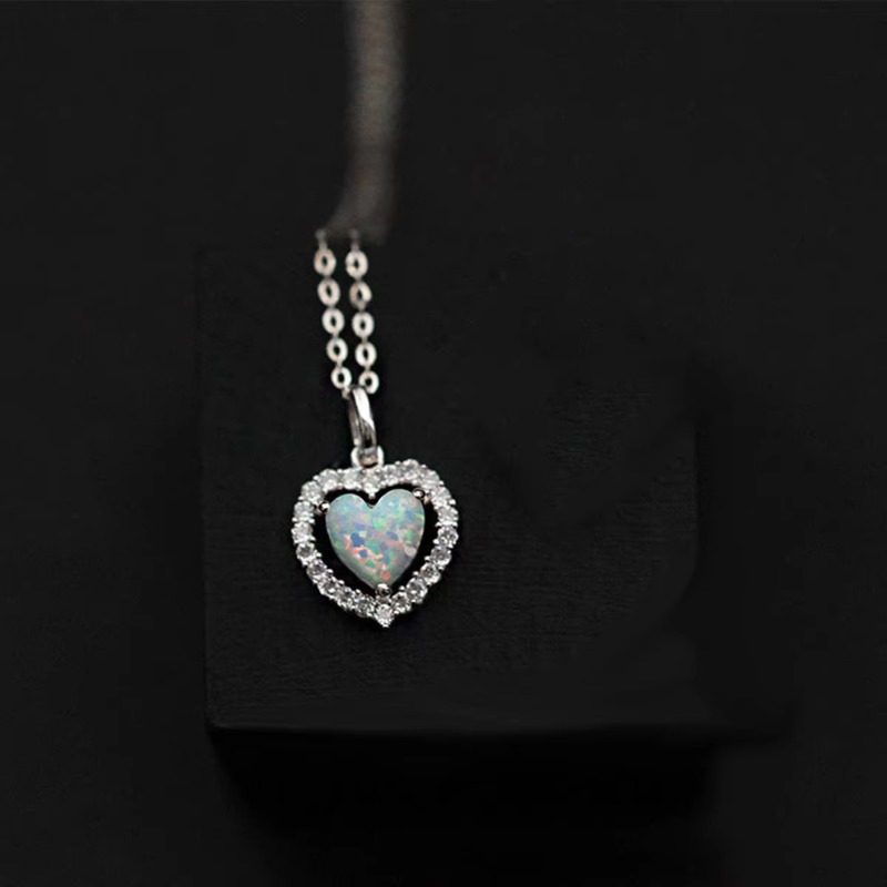 Dainty 14K Gold Plated Heart Pendant 925 Sterling Silver Opal Diamond Necklace