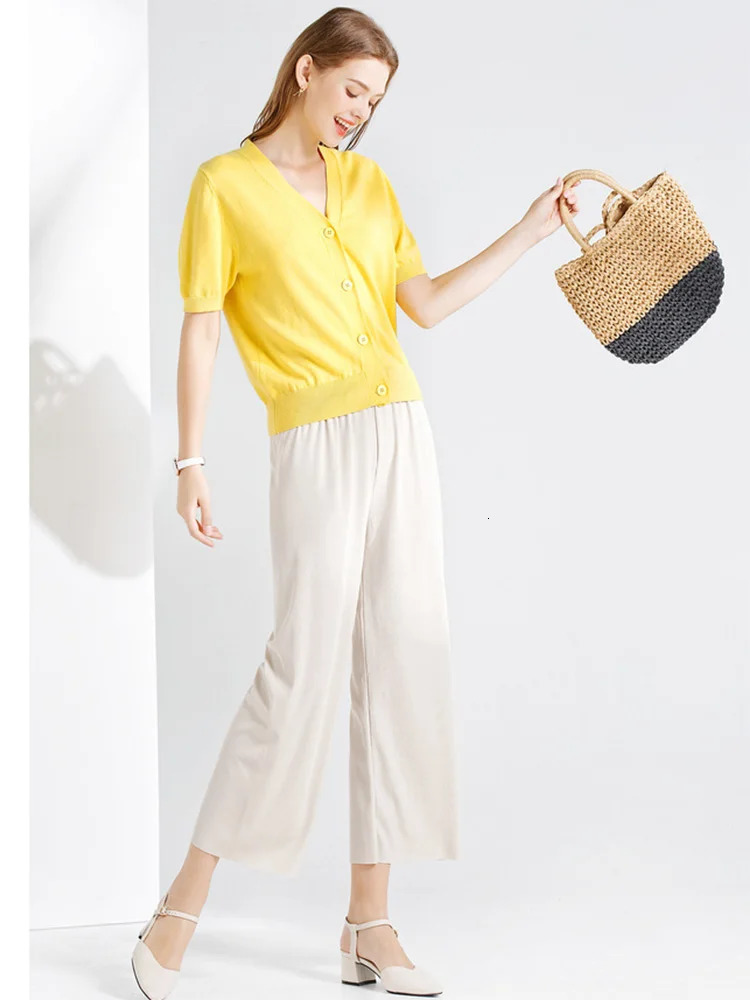 Women AnkleLength Wide Leg Pants Casual Summer Solid Elastic Waist Loose Ice Silk Spring Female Trousers 241203