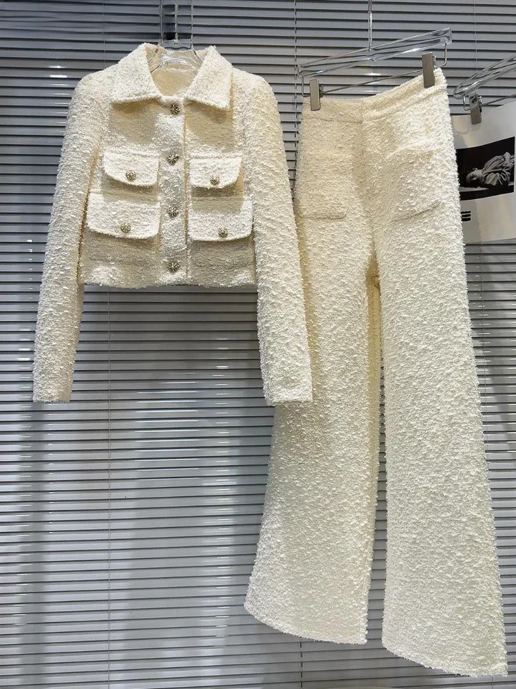 Elegant Straight Trousers Office Ladies Autumn New Tweed Pocket Short Jacket + Pants Two Piece Sets Womens Outifits